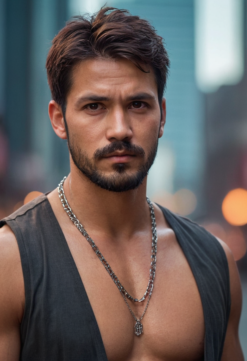 digital painting of a handsome masculine man with short dark messy hair, beard a