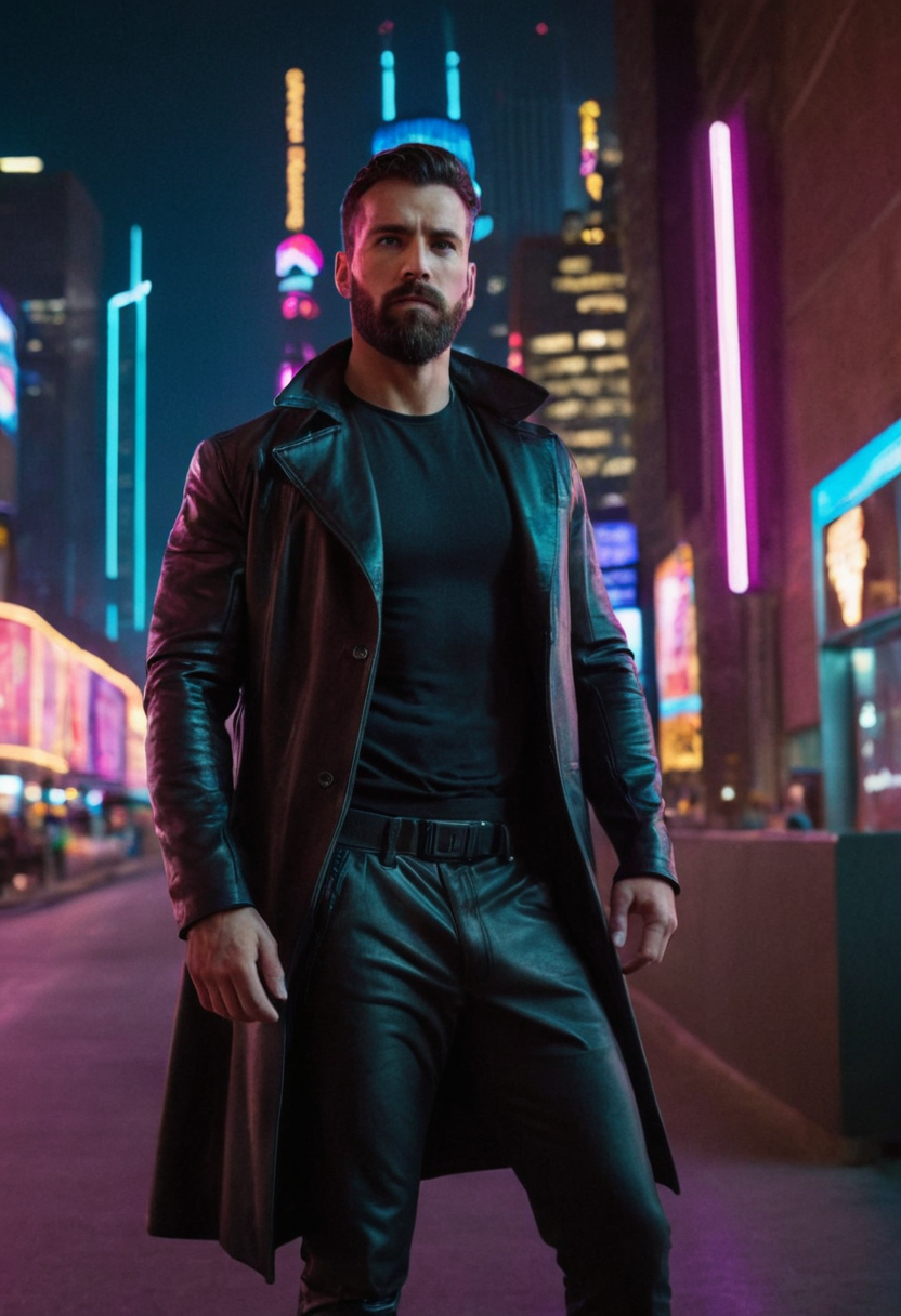 In a neon-lit street, an athletic man with short dark hair and a beard stands in