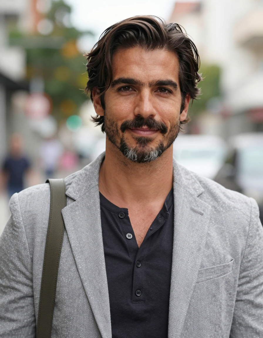 A handsome adult man with medium-tan skin and dark brown hair featuring side-swept bangs stands in a head-and-shoulders portrait facing forward. He sports a well-groomed mustache and goatee with salt-and-pepper highlights, offering a direct gaze at the camera with a slight closed-mouth smile. His attire consists of a light grey textured blazer worn open over a dark henley-style shirt with visible buttons at the neckline, while a bag strap crosses his left shoulder. The composition reveals artistic partial nudity exposing the neck and upper chest above the collar. Set against an outdoor urban environment with blurred foliage and architecture in the background, soft natural daylight provides even illumination on his face. Shallow depth of field creates a creamy bokeh effect behind him, maintaining high-resolution editorial portrait aesthetics within a vertical 13:19 aspect ratio., a single uninterrupted photograph only, no written words or typography anywhere in frame, no captions, no app UI, no social-media post layout, no screenshot borders