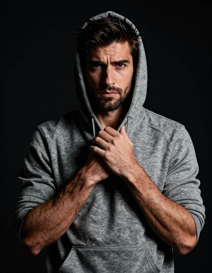 A handsome adult man with medium-dark skin and light stubble stares intensely at the camera, brow furrowed. He wears a grey heather hoodie open to reveal only his neck, sleeves rolled up to show hairy arms on broad shoulders. Hands are clasped tightly in front of his chest while a dark hood frames his tousled hair against a deep black void. Dramatic directional lighting from the front-left casts deep shadows across his torso and face, creating high contrast editorial quality., a single uninterrupted photograph only, no written words or typography anywhere in frame, no captions, no app UI, no social-media post layout, no screenshot borders