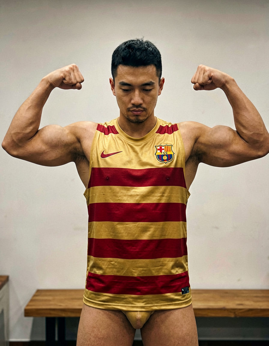 A handsome adult man with short dark hair and a clean-shaven face stands centered in an upper-body portrait. He wears a gold sleeveless jersey featuring red horizontal stripes, the FC Barcelona crest on the left chest, and the Nike swoosh on the right. His arms are flexed in a double-bicep pose with fists clenched near shoulder height while he maintains a neutral expression focused downward. The setting is an indoor room with a plain wall and the edge of wooden furniture visible behind him. Soft frontal lighting provides even illumination across his highly muscular build, defined biceps, shoulders, and light-medium skin tone without stylized filters or effects