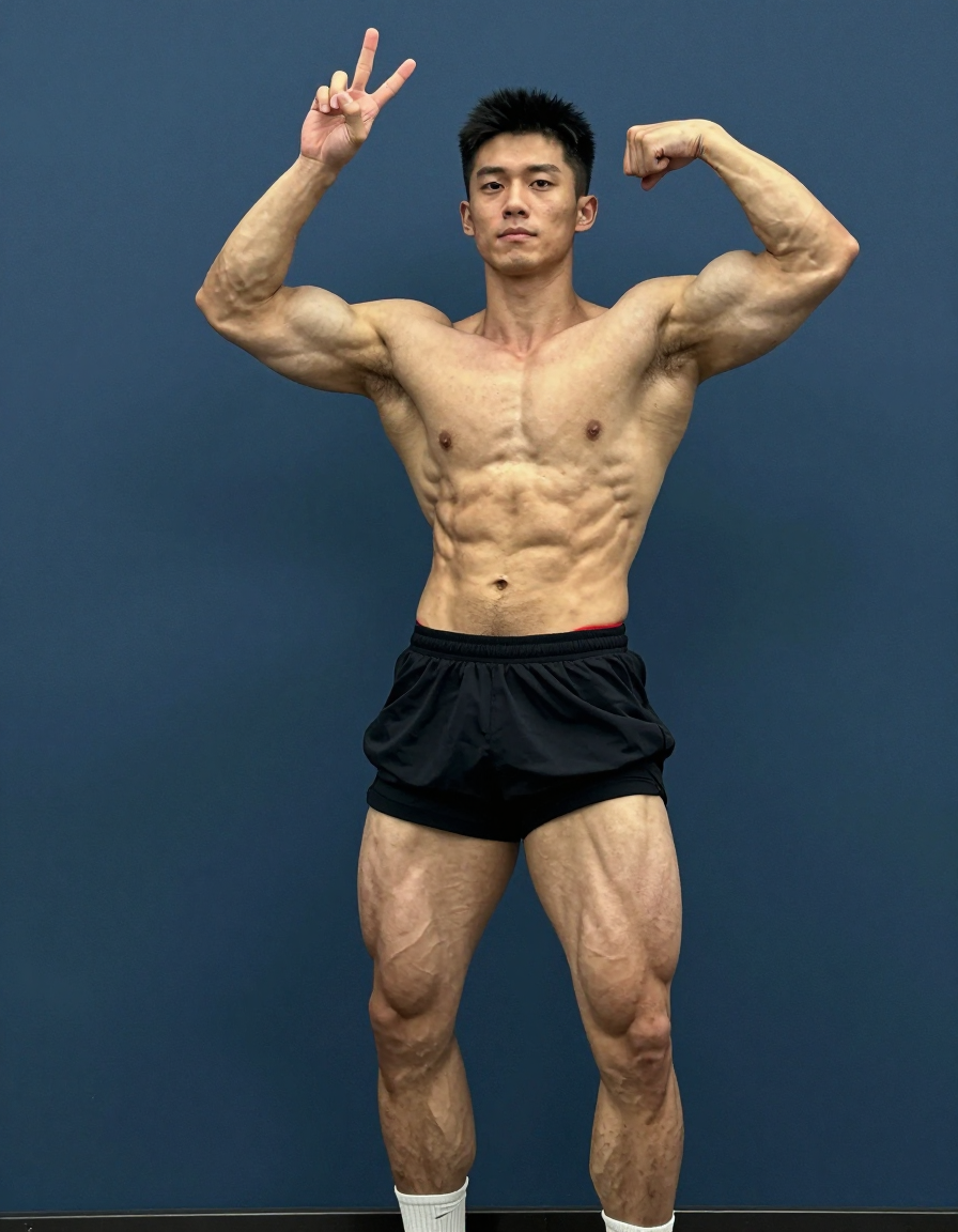 A handsome masculine man standing contrapposto with one arm raised and fingers forming a peace sign, the other arm bent at shoulder height near his head in a playful gesture. He is shirtless, wearing black athletic shorts with a red waistband visible. The torso-only crop highlights defined abs, thick muscular thighs, and vascular arms. Soft lighting creates a calm, focused atmosphere against a deep blue background. Tack-sharp image quality captures every detail of the compact athletic build