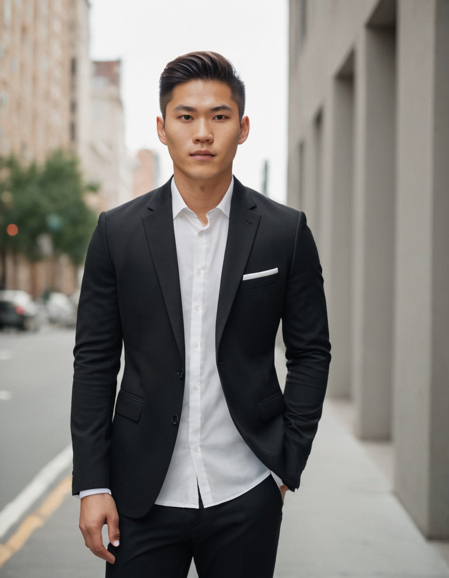 A young Asian man standing confidently in an urban setting, wearing a formal black suit with white shirt, white socks, and white sneakers. Soft diffused lighting creates a calm and relaxed mood, while the muted tones of beige and gray add to the serene atmosphere. The composition captures him from head to toe, emphasizing his athletic yet refined build and confident posture. The background features an urban environment with some furniture visible, enhancing the depth and connection to city life., alternate camera angle, natural ambient light, candid editorial framing