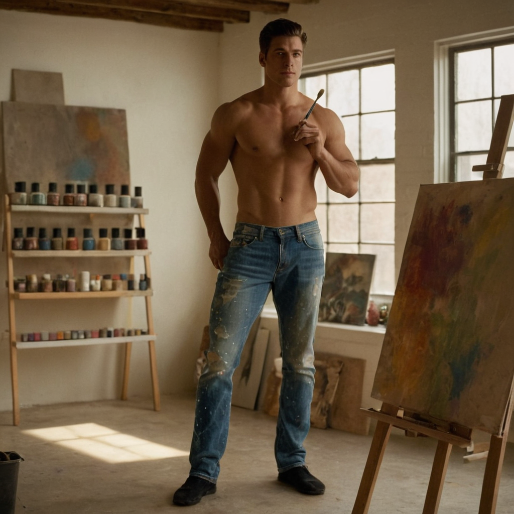 A shirtless man stands confidently in a modern artist's studio, holding a palette and brush. The background includes shelves of art supplies, an easel with a canvas, and other studio elements. Soft diffused light from large windows highlights his muscular physique, casting subtle shadows that emphasize his form. The scene is captured in high fashion editorial style, with dramatic lighting creating depth and shadow. The subject wears paint-splattered jeans, adding to the artistic atmosphere. 1:1 aspect ratio square composition, 85mm lens, soft window light, shallow depth of field.. Scene and lighting from reference: The image depicts a shirtless male figure standing in what appears to be an artist's studio. The subject is holding a palette and brush, suggesting he is painting or has been painting. He is wearing paint-splattered jeans, which add to the artistic and creative atmosphere of the scene. ### Environment:
- **Background:** The background includes shelves with various art supplies, a canvas on an easel, and other studio-related items.
- **Lighting:**