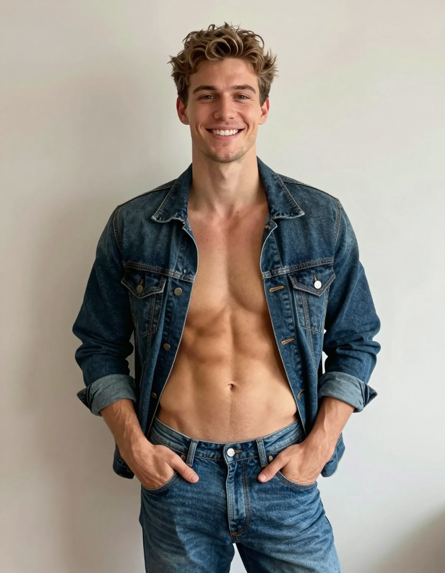 A handsome Caucasian man in his twenties stands facing the camera with a confident smile and direct gaze. He is shirtless, displaying defined abs and broad shoulders against an open dark denim jacket with sleeves rolled up. His hands are casually tucked into blue jeans pockets while he wears no visible footwear or socks. The composition features a centered waist-up crop highlighting skin tones and neutral background textures under soft even daylight. This clean studio-style portrait captures the subject's casual confidence on a plain light-textured wall., shot on iPhone 15 Pro main camera, authentic smartphone computational photography, natural Smart HDR and true-to-life skin texture, vertical 9:16 Xiaohongshu lifestyle feed, bright clean everyday scene, unretouched phone photo with subtle sensor grain, trendy Chinese internet 网红 aesthetic, candid influencer energy, a single uninterrupted photograph only, no written words or typography anywhere in frame, no captions, no app UI, no social-media post layout, no screenshot borders