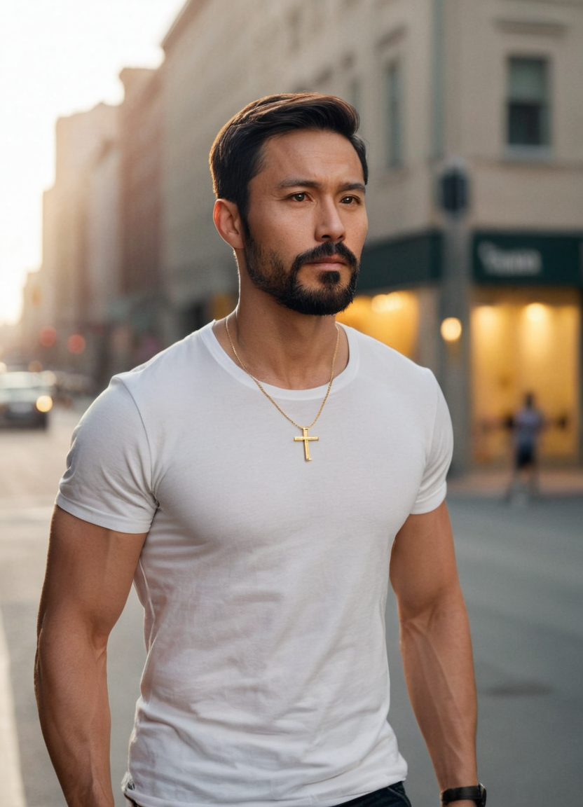 A Chinese man with light tan skin and high cheekbones stands on a bustling city street corner at sunset. He has short black hair and a well-groomed stubble beard, looking contemplatively away from the camera with a thoughtful expression. His slender, athletic build is emphasized by his casual outfit of loose-fitting dark jeans and a plain white t-shirt. The soft evening light casts gentle shadows over his defined muscles, highlighting his lean martial-arts physique. Background elements include yellow street lights and people walking past him in the fading daylight, creating a romantic yet introspective mood. Photoreal photography with 245:333 aspect ratio.. Scene and lighting from reference: The art medium of this image is photoreal photography. The subject has short, dark hair and a well-groomed beard. He appears shirtless, showcasing his muscular physique with defined pectorals and abs. He wears two gold necklaces, one with a cross pendant. The lighting is bright and even, highlighting the contours of his body without casting harsh shadows. The background is plain white, which draws attention to the subject's form. The color palett, 人种: Latinx; 发型: short and dark; 画幅比例: 245:333 aspect ratio, vertical portrait orientation, 832x1152 canvas, alternate camera angle, natural ambient light, candid unretouched framing, German man, fair skin, strong brow ridge, lean cyclist legs