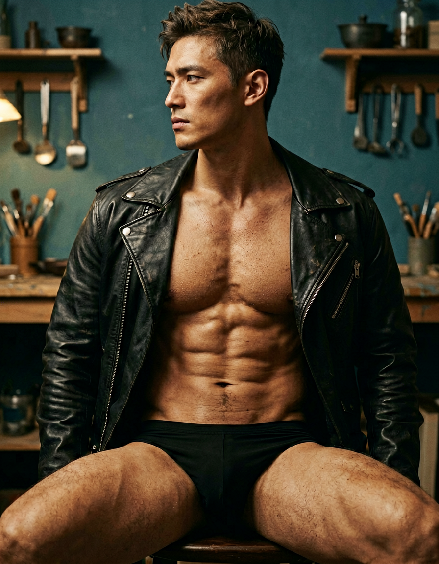 A photorealistic photograph of a handsome man seated with a torso-only crop. He