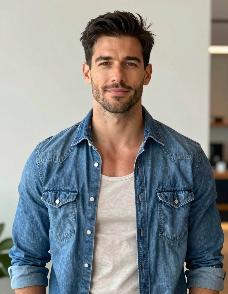 A handsome adult man with light-medium skin and black short hair styled in side-swept bangs stands facing forward. He wears a denim button-up shirt unbuttoned at the collar over a light-colored crew-neck t-shirt, revealing a lean build and smooth torso covered by fabric. Short stubble frames his face as he offers a slight smile with direct gaze into the lens. The composition is a centered head-and-shoulders portrait cropped from upper chest to top of head against a plain studio background lit by soft even light that creates shallow depth of field blur., shot on iPhone 15 Pro main camera, authentic smartphone computational photography, natural Smart HDR, vertical 9:16 Xiaohongshu lifestyle post, bright clean gym or cafe scene, wardrobe matching reference outfit, confident everyday blogger pose, phone photo with natural grain, a single uninterrupted photograph only, no written words or typography anywhere in frame, no captions, no app UI, no social-media post layout, no screenshot borders