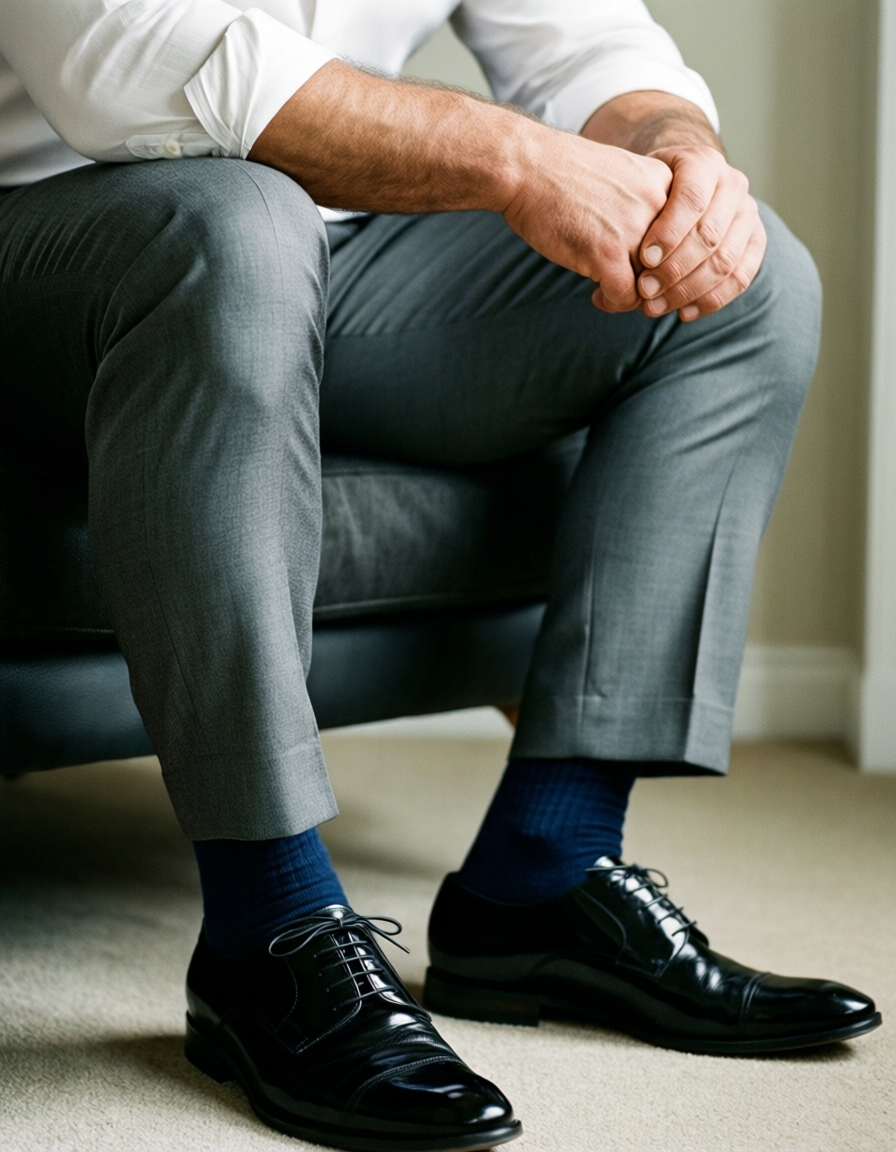 Photoreal photograph of a seated man in a torso-only crop. He is wearing gray su