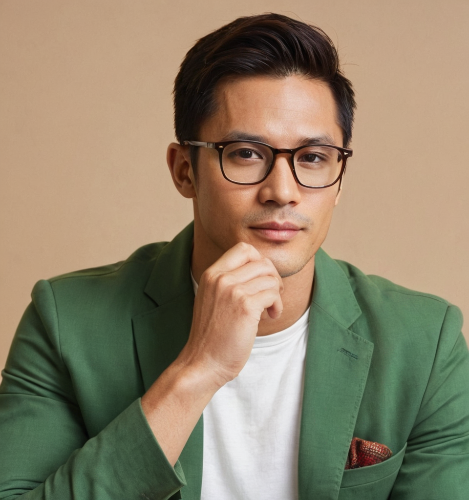 A stylish and artistic portrait of a handsome man with glasses, seated and holdi