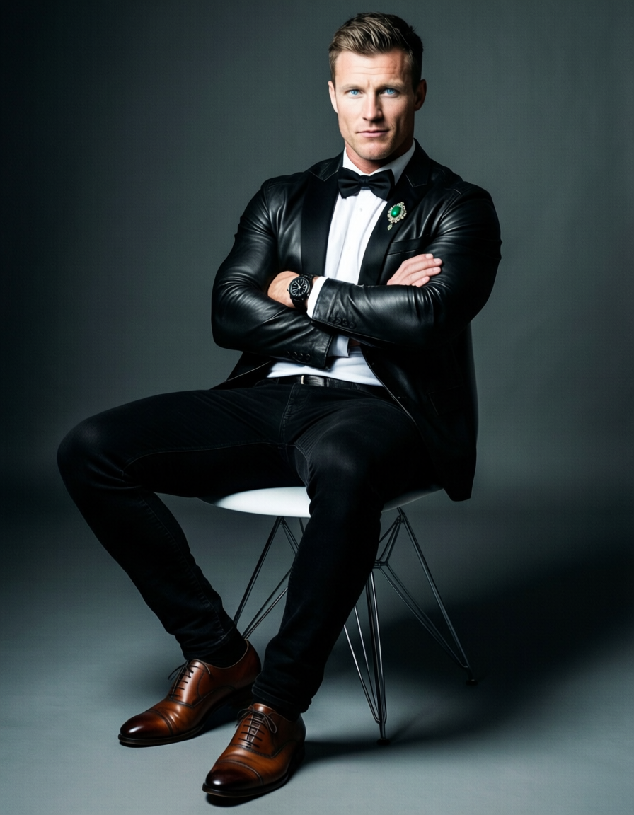 A Scandinavian man with very fair skin and ice blue eyes is seated on a modern chair, leaning slightly back. He wears a black leather jacket over a white t-shirt, fitted black jeans, and polished brown dress shoes. The background features deep shadows emphasizing his broad shoulders and lean waist in soft grays and high-contrast lighting