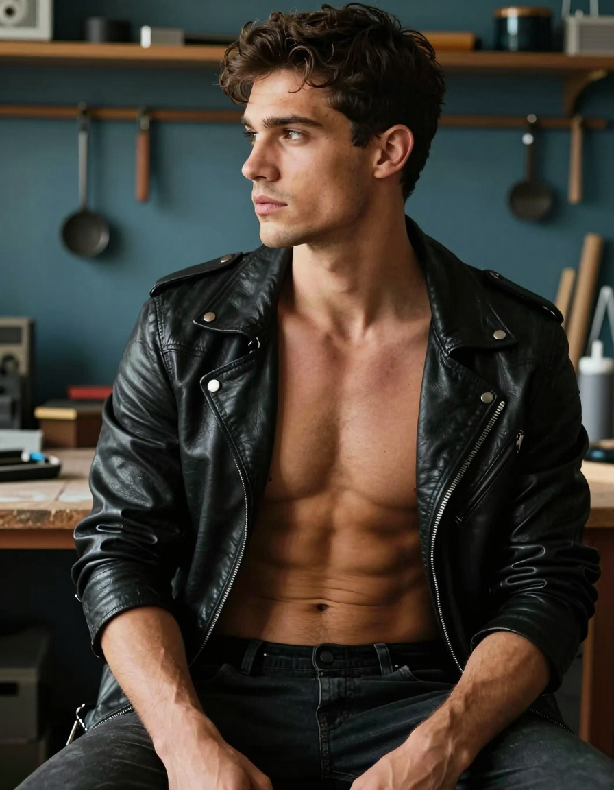 A photorealistic photograph of a handsome man seated with a torso-only crop. He is shirtless and wearing a black leather jacket, his body showing an artistic partial nude with defined abs. The setting is an artisanal workshop with warm lighting and blue-toned background featuring tools and shelves. His face is in profile, looking thoughtfully to the side, giving a contemplative and masculine mood. The canvas has a 52:29 aspect ratio (1344x768 pixels), highlighting his compact athletic build and defined abs prominently. The image showcases natural skin texture with pores, imperfect hair, and subtle film grain