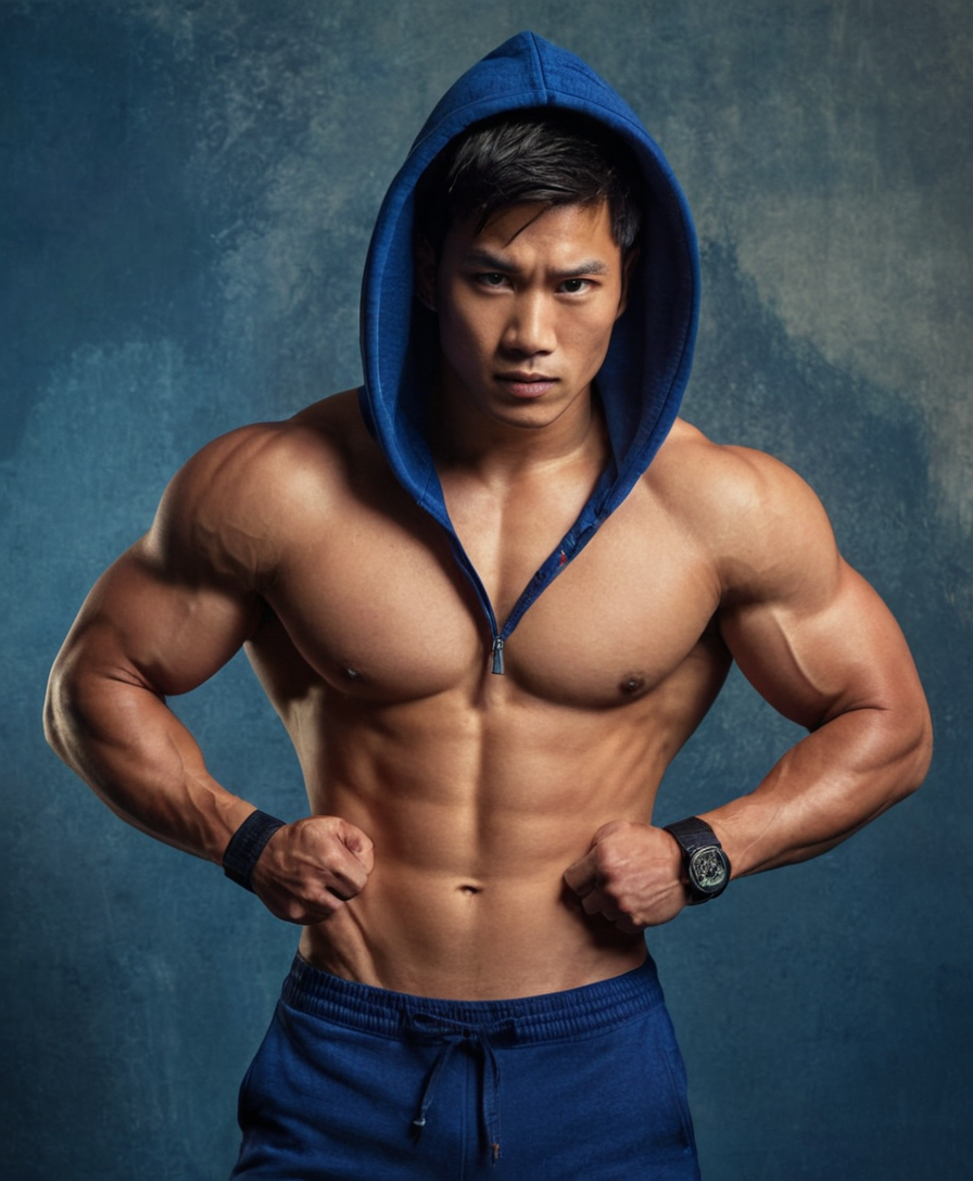 Asian male model standing shirtless against a dramatic textured background, holding up a dark blue hoodie over his head; visible branding on the sleeves and blue shorts worn underneath; rich moody color palette with deep shadows that accentuate his muscular physique; dynamic full-body pose emphasizing strength and masculinity.. Scene and lighting from reference: The reference image showcases a muscular male subject in a dramatic and artistic pose, flexing his biceps while looking down with a confident expression. The subject has short hair and is wearing a an anonymous figure belt, which adds a touch of casual elegance. ### Environment & Background:
- **Lighting:** Dramatic lighting highlights the contours of the subject's muscles, creating deep shadows that emphasize the sculpted physique.
- **an anonym, alternate camera angle, natural ambient light, candid editorial framing