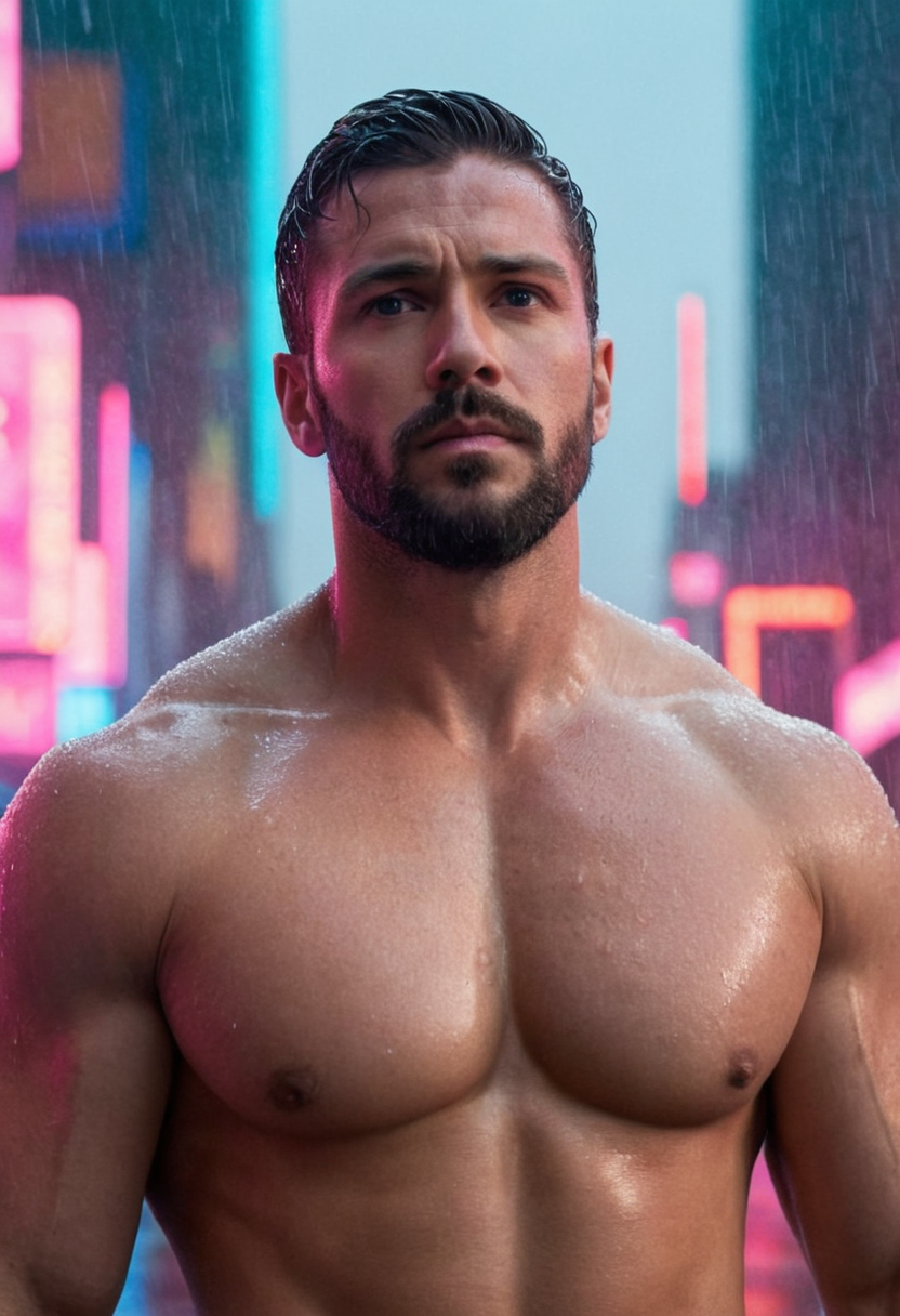 A muscular man with short dark hair, a beard, and serious expression stands conf