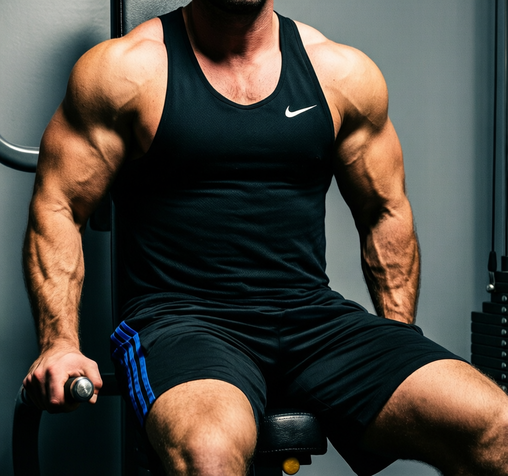 A handsome masculine man seated on gym equipment, mid-torso to upper thighs centered. He wears a black Nike tank top with white swoosh and black athletic shorts with blue side stripes. His right hand grips the handlebar while his left arm rests near his thick thigh. Dramatic high-contrast lighting sculpts his broad shoulders and defined biceps against a gray wall background. The composition is vertical, 13:19 aspect ratio, capturing intense focus without facial features., a single uninterrupted photograph only, no written words or typography anywhere in frame, no captions, no app UI, no social-media post layout, no screenshot borders