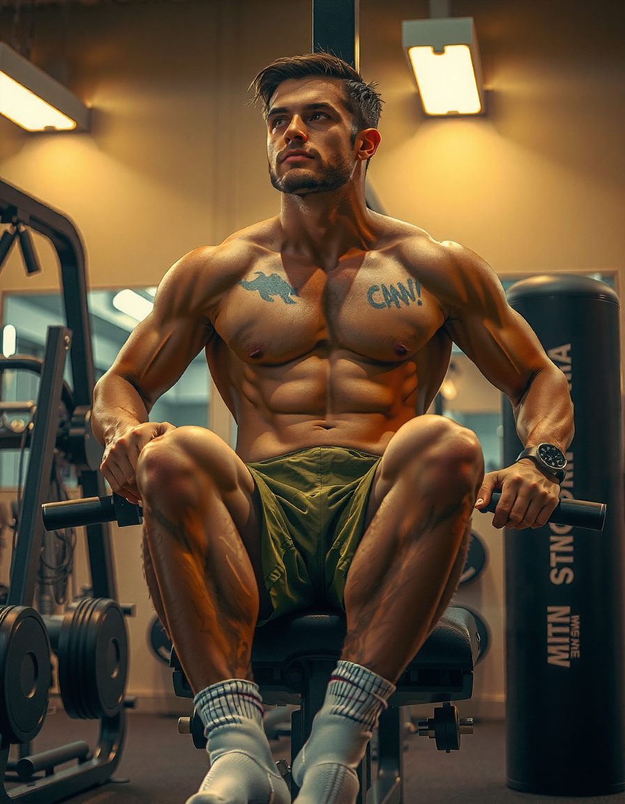 Photoreal photograph of a handsome masculine man, shirtless and seated on a gym machine with his torso leaned back and hands resting on his thighs. He wears olive green athletic shorts and white crew socks. His physique is compact and athletic, emphasizing thick legs with defined abs and muscular thighs. The lighting is warm and slightly glossy, highlighting his form in a bright indoor gym setting with neutral tones. The image has a 3:4 aspect ratio, vertical portrait orientation.