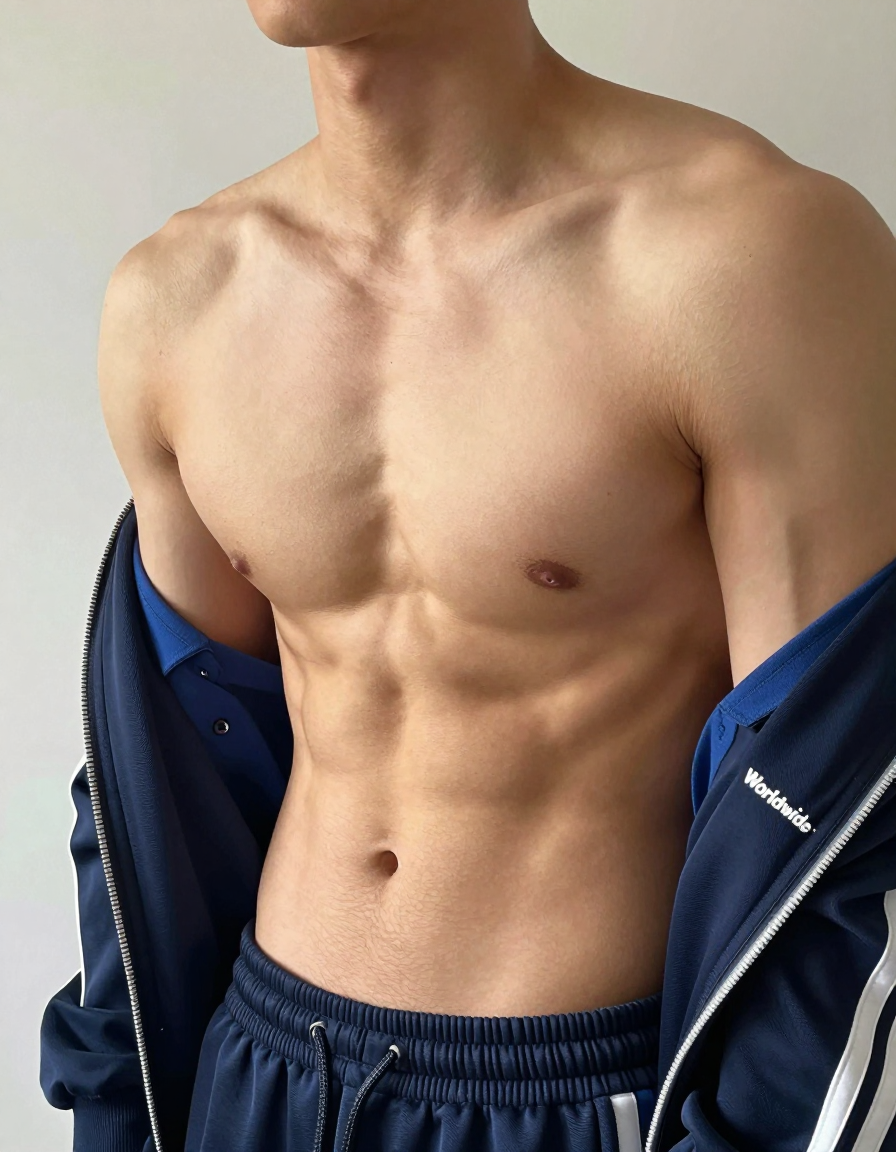 Photoreal photograph of a shirtless man with broad shoulders and defined abs. He