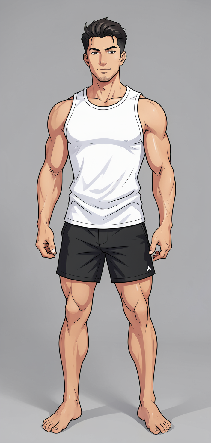 freshly generated candid Xiaohongshu lifestyle photo, brand new full-body composition with a different pose, camera angle and background, both hands relaxed, not a mirror selfie, not a copy of any reference image, white sleeveless tank top (fully covering torso), black athletic shorts ending mid-thigh, broad shoulders, defined pectorals, thick thighs, muscular calves, authentic social-feed lifestyle mood, reference lighting and color treatment: anime illustration style, soft studio lighting on plain gray background, clean lines and smooth shading with stylized muscular anatomy, same aesthetic theme and photo feel as the reference but a different man in a different pose with distinct body proportions, Thai man, smooth tan skin, gentle eyes, slim toned Muay Thai physique, a single uninterrupted photograph only, no written words or typography anywhere in frame, no captions, no app UI, no social-media post layout, no screenshot borders