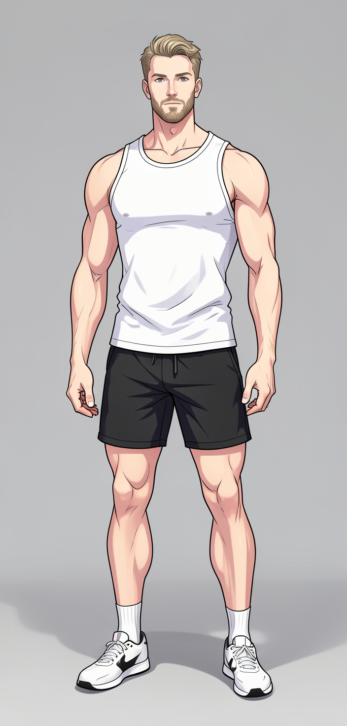 freshly generated candid Xiaohongshu lifestyle photo, brand new full-body composition with a different pose, camera angle and background, both hands relaxed, not a mirror selfie, not a copy of any reference image, white sleeveless tank top (fully covering torso), black athletic shorts ending mid-thigh, broad shoulders, defined pectorals, thick thighs, muscular calves, authentic social-feed lifestyle mood, reference lighting and color treatment: anime illustration style, soft studio lighting on plain gray background, clean lines and smooth shading with stylized muscular anatomy, same aesthetic theme and photo feel as the reference but a different man in a different pose with distinct body proportions, Slavic man, pale skin, ash blond stubble, tall athletic frame, a single uninterrupted photograph only, no written words or typography anywhere in frame, no captions, no app UI, no social-media post layout, no screenshot borders