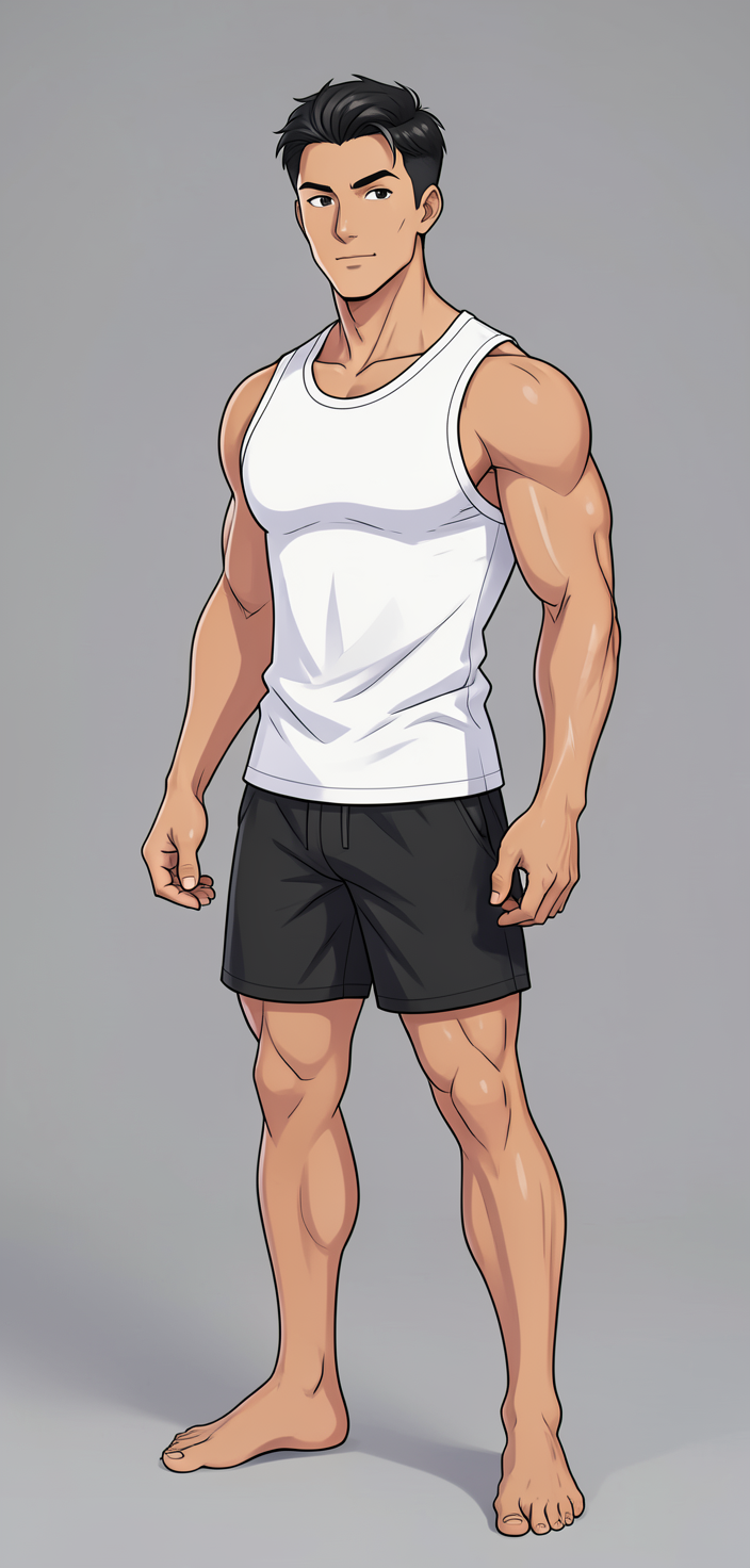 freshly generated candid Xiaohongshu lifestyle photo, brand new full-body composition with a different pose, camera angle and background, both hands relaxed, not a mirror selfie, not a copy of any reference image, white sleeveless tank top (fully covering torso), black athletic shorts ending mid-thigh, broad shoulders, defined pectorals, thick thighs, muscular calves, authentic social-feed lifestyle mood, reference lighting and color treatment: anime illustration style, soft studio lighting on plain gray background, clean lines and smooth shading with stylized muscular anatomy, same aesthetic theme and photo feel as the reference but a different man in a different pose with distinct body proportions, Thai man, smooth tan skin, gentle eyes, slim toned Muay Thai physique, standing three-quarter view arms relaxed, wider environmental framing, a single uninterrupted photograph only, no written words or typography anywhere in frame, no captions, no app UI, no social-media post layout, no screenshot borders