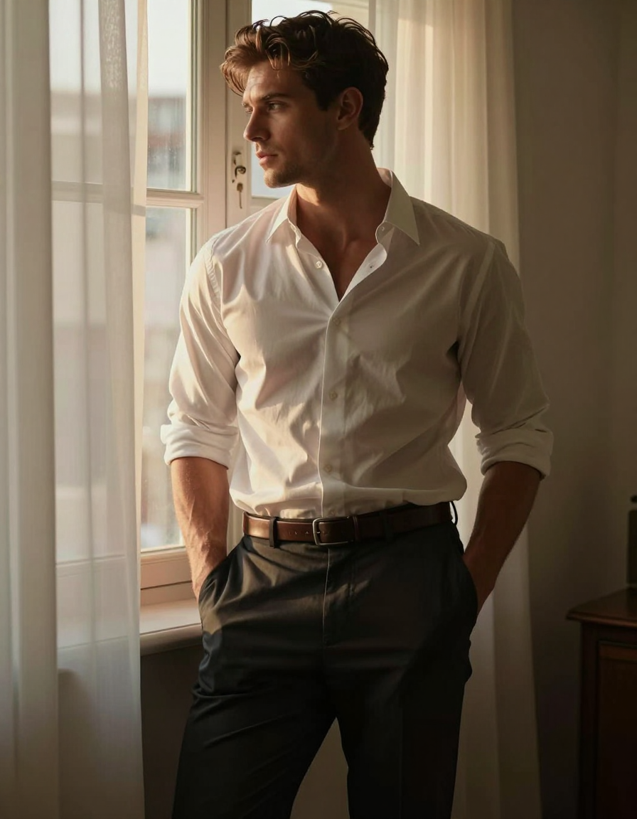 Photorealistic romantic fine art photograph of a handsome masculine man leaning 