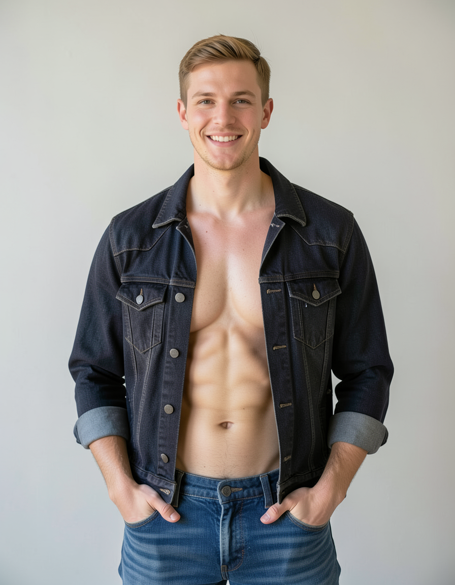 A handsome Caucasian man in his twenties stands facing the camera with a confident smile and direct gaze. He is shirtless, displaying defined abs and broad shoulders against an open dark denim jacket with sleeves rolled up. His hands are casually tucked into blue jeans pockets while he wears no visible footwear or socks. The composition features a centered waist-up crop highlighting skin tones and neutral background textures under soft even daylight. This clean studio-style portrait captures the subject's casual confidence on a plain light-textured wall