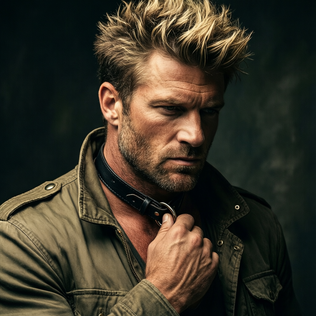 A muscular adult man with spiky blond-brown hair and short stubble poses in a cl