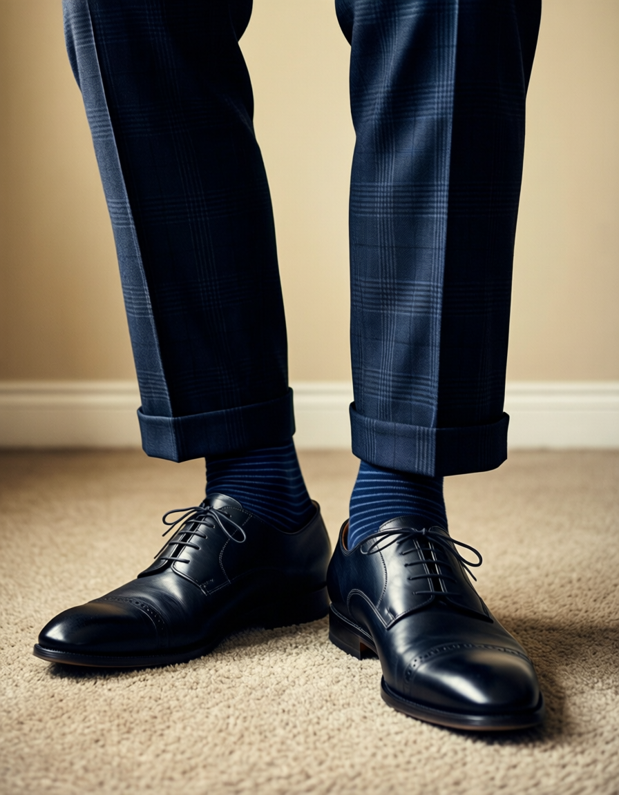 High-angle sensual close-up of a confident adult man's lower legs and feet stand