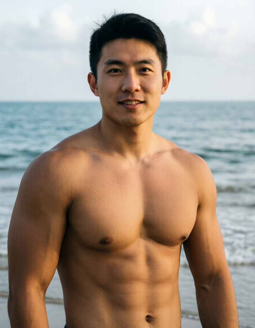 Photoreal photograph of a shirtless Asian man with defined abs and compact athle