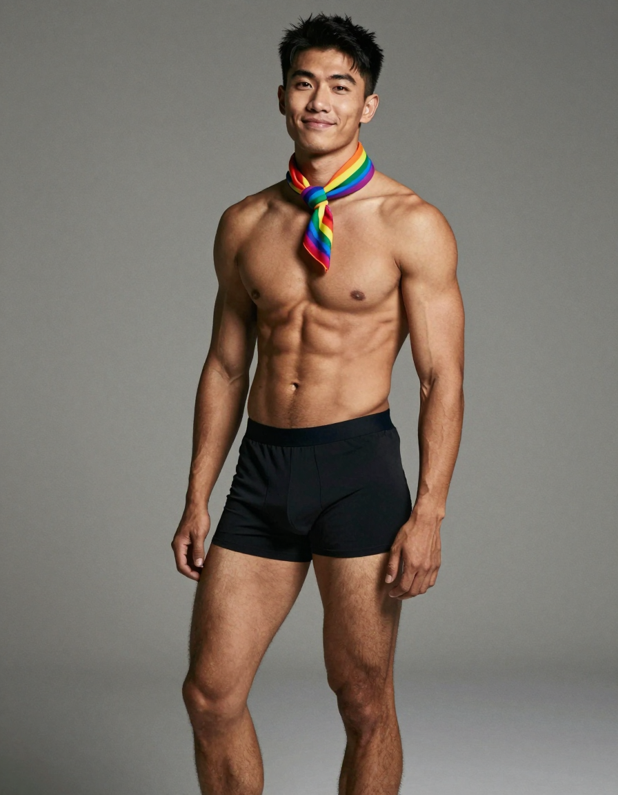 an anonymous figure man with medium brown skin, thick brows, and a gymnast lean