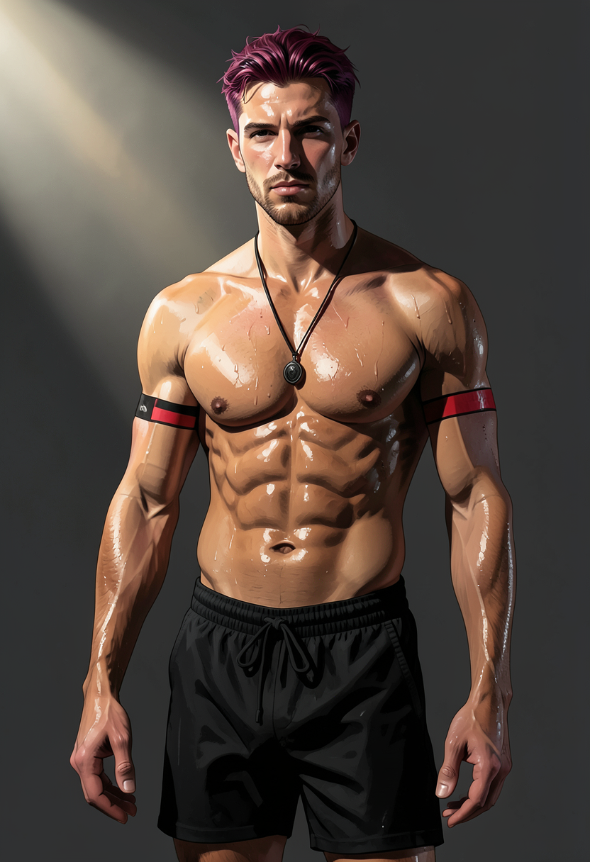 freshly generated candid Xiaohongshu lifestyle photo, brand new full-body composition with a different pose, camera angle and background, both hands relaxed, not a mirror selfie, not a copy of any reference image, shirtless, shirtless (no shirt, tank, hoodie, or jacket), black cord necklace with dark pendant hanging over bare chest, red-and-black band on left upper arm, highly muscular chest and shoulders, defined abdominal muscles, visible pectoral definition, authentic social-feed lifestyle mood, reference lighting and color treatment: digital illustration with painterly brushwork, dramatic directional lighting from upper left casting strong shadows on right side of face and torso, high-contrast highlights on wet skin and sweat, medium-brown skin tones, reddish-purple hair, black accessories (necklace, same aesthetic theme and photo feel as the reference but a different man in a different pose with distinct body proportions, German man, fair skin, strong brow ridge, lean cyclist legs, a single uninterrupted photograph only, no written words or typography anywhere in frame, no captions, no app UI, no social-media post layout, no screenshot borders