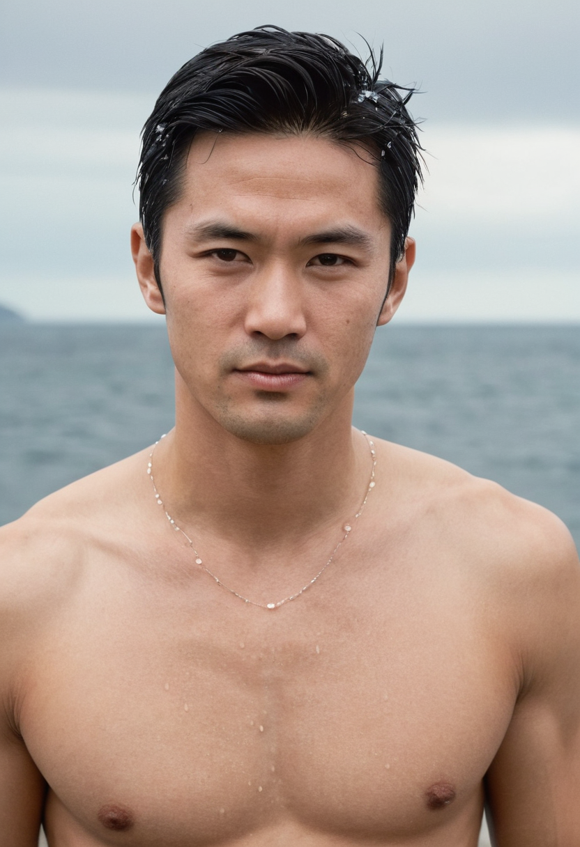 A Japanese man with soft masculine features and straight black hair stands on a rocky shoreline at midday. He has a slim dancer build, and his physique is natural yet athletic. The scene includes calm blue waters in the background under a clear sky, emphasizing the harmony between the subject's lean body and the serene environment. He wears loose-fitting shirt and trousers.. Scene and lighting from reference: The image is in black-and-white and appears to be a photoreal editorial photograph. The subject has short, spiky hair and is shirtless, with water droplets visible on his skin, suggesting he may have just emerged from water or been splashed. His expression is serious and direct, looking slightly off-camera. The background shows an open sky with some clouds, possibly indicating a beach or outdoor setting near the sea. The lighting is natural, like, 人种: optional; 发型: short and spiky; 画幅比例: 643:1000 aspect ratio, vertical portrait orientation, 832x1216 canvas; 体型: athletic and muscular