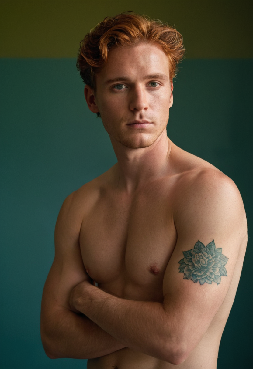 A shirtless man with wavy brown hair and visible tattoos stands in a dimly lit room with muted green walls during the golden hour, wearing only dark jeans; he has an introspective expression on his face as if deep in thought, standing slightly bent at one knee, hands resting lightly on his hips; soft diffused light casts a warm glow over his muscular form and toned abs.. Scene and lighting from reference: The image features a single male subject with vibrant red hair and striking blue skin tones, creating an ethereal and artistic effect. The background is a deep, textured blue that enhances the dreamy quality of the scene. The lighting is soft and diffused, giving off a golden hour glow that adds warmth to the overall composition. The subject's pose is relaxed yet confident, with his head slightly tilted forward, gazing directly at the camera. His