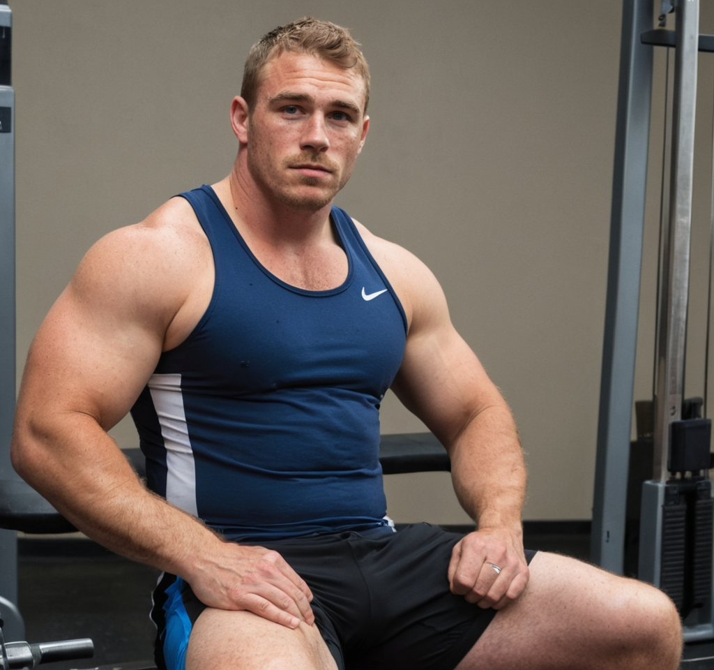 A big hairy stocky masculine man seated on gym equipment, mid-torso to upper thighs centered. He wears a black Nike tank top with white swoosh and black athletic shorts with blue side stripes. His right hand grips the handlebar while his left arm rests near his thick thigh. Warm rugged lighting emphasizes dense body hair and meaty chest against a gray wall background. Vertical portrait captures broad shoulders, defined biceps, triceps, and thick thighs in a bear energy aesthetic., same aesthetic theme and photo feel as the reference but a different man in a different pose with distinct body proportions, Northern European man, light freckled skin, dirty blond hair, tall lanky runner frame